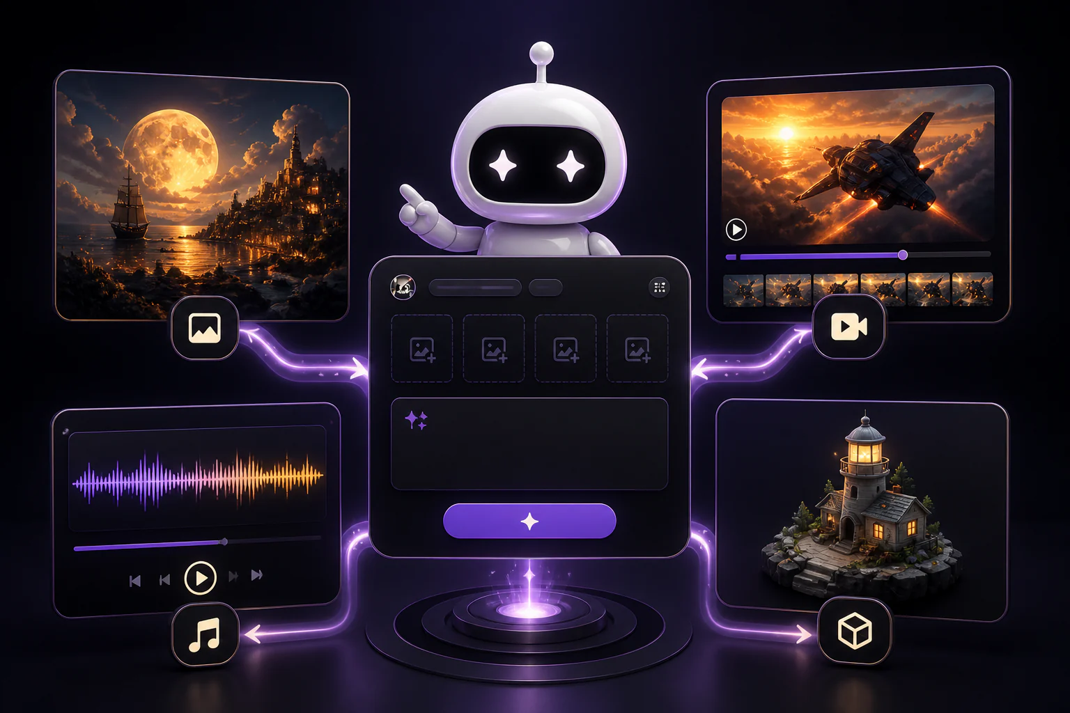 AiCasso creative studio showing image, video, music, and 3D results